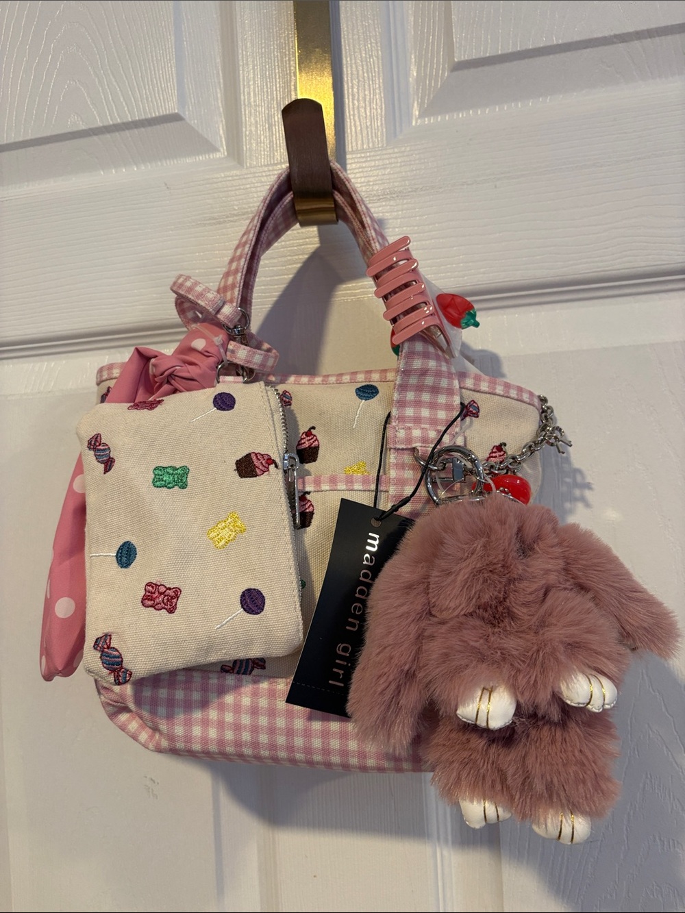 BNWT Madden Girl Pink Sweet Treats Gingham Mini Tote Bag with Plush Bunny Charm